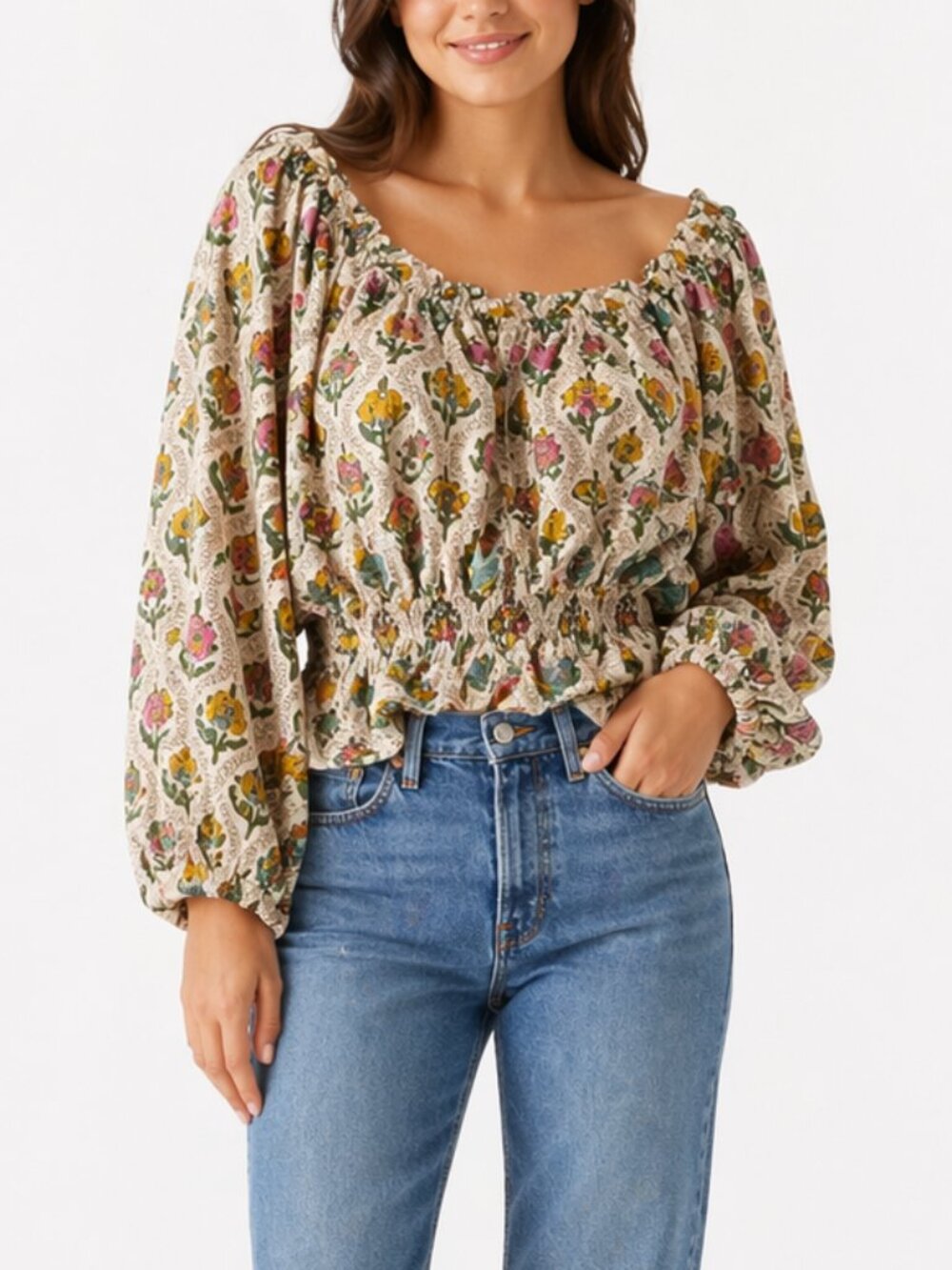 Anna Cate Lezza Blouse Summer Field Floral Smocked Peplum Top Small NWT